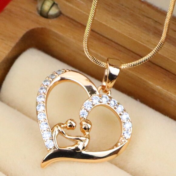"Rose Gold Mother & Child Heart Pendant with Sparkling Stones, XPPT1312 - Picture 1 of 13